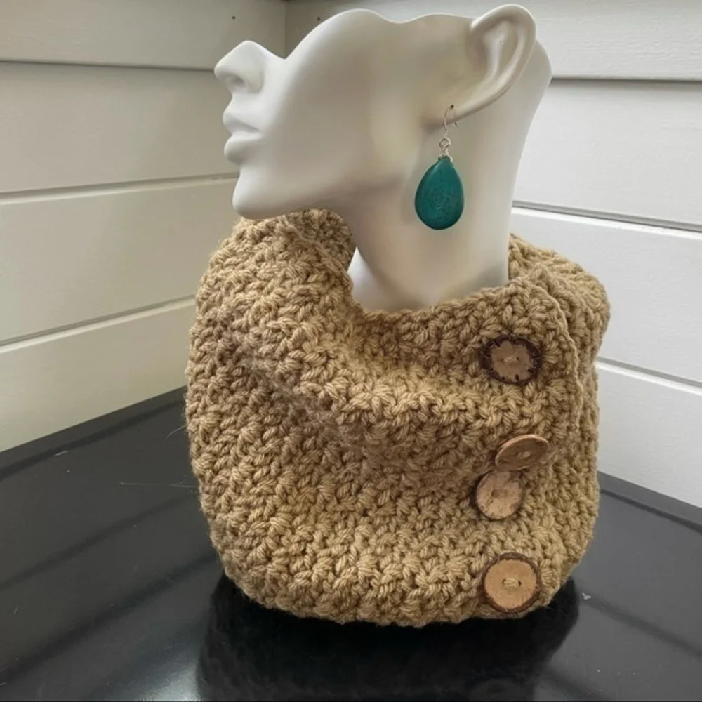 Handmade Salted Caramel Taupe Cowl Statement Scarf Button Accent Knit Crochet